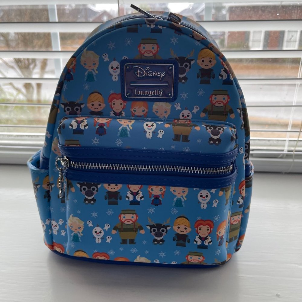 Loungefly Disney Frozen Elsa Anna Sven Olaf Print Chibi Mini Blue Backpack